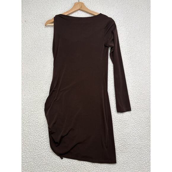 Caché Y2K One Sleeve Chocolate Dress Size S Ruched Gold Chain Asymmetric Bodycon - Picture 4 of 6